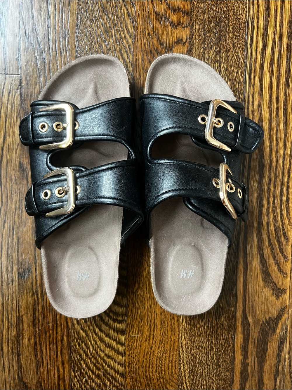 Black & Gold Chunky Double Buckle Slide Sandals